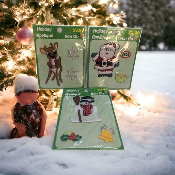 Holiday Applique Other - Lot of 3 VTG Iron On Holiday Appliqué Kits Christmas Santa Snowman Reindeer NOS